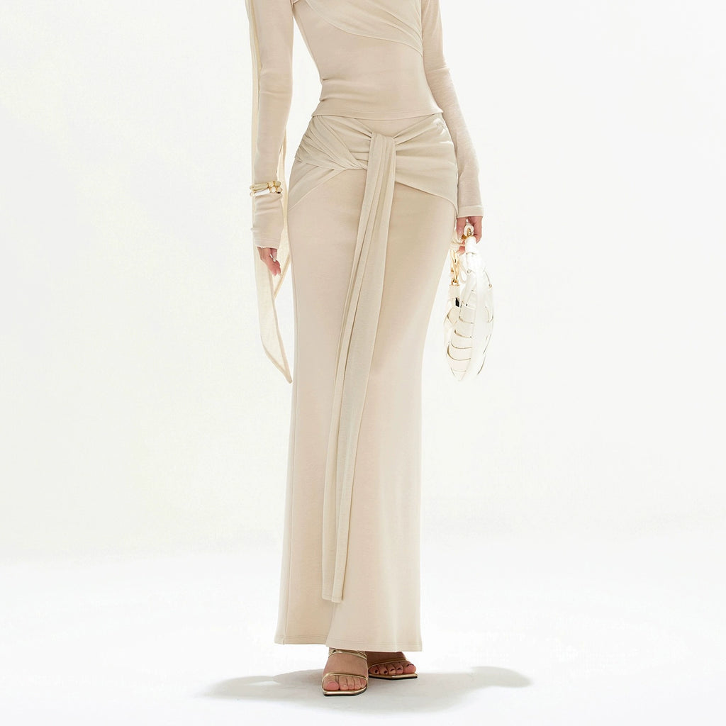 OMLOTT DRAPERAT BEIGE SET KJOL & TOPP