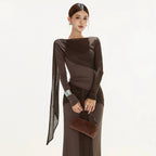 OMLOTT DRAPERAT BRUNT SET KJOL & TOPP