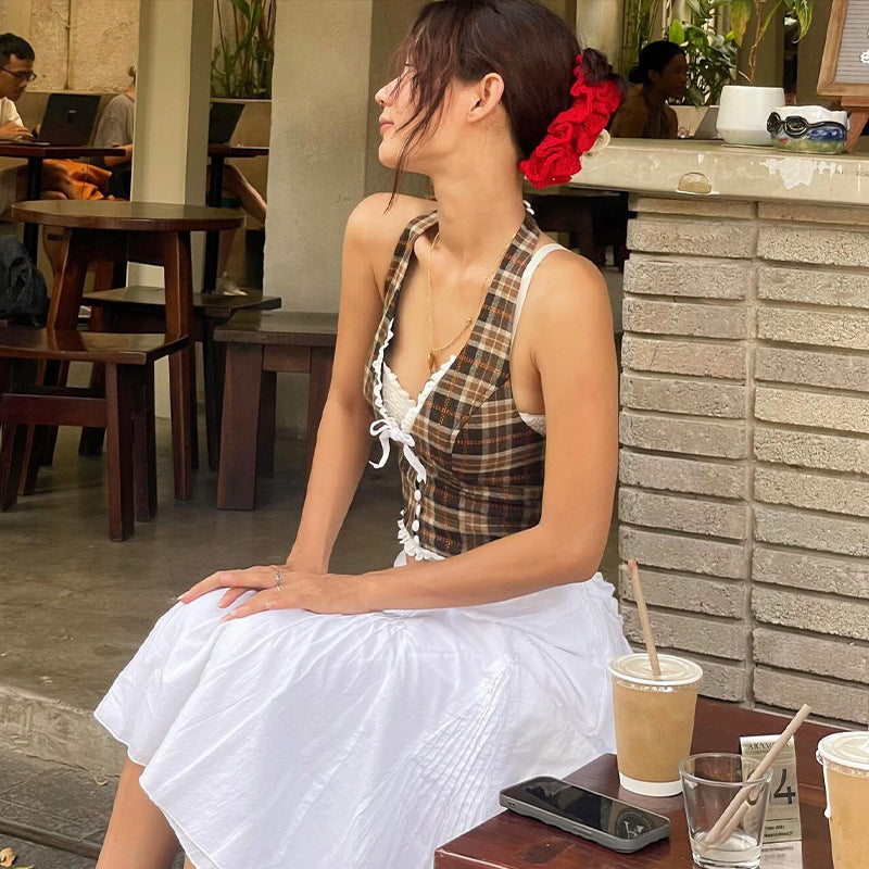 BRUN TARTAN-STIL TOPP MED SPETS