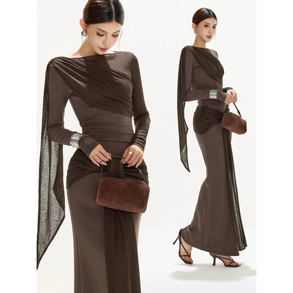 OMLOTT DRAPERAT BRUNT SET KJOL & TOPP