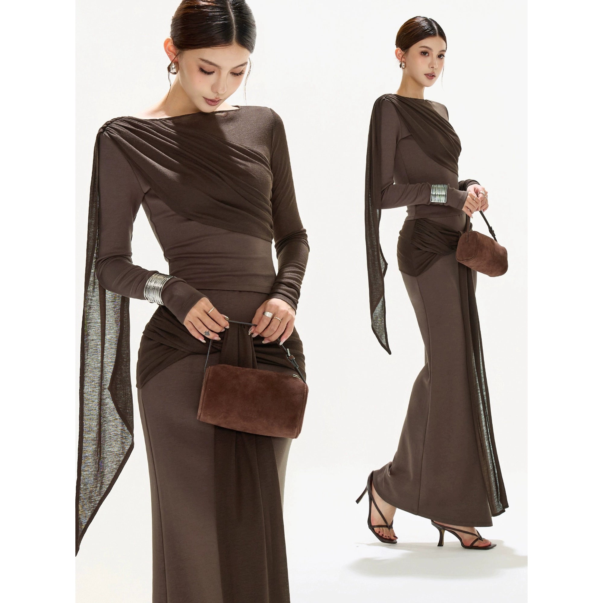 OMLOTT DRAPERAT BRUNT SET KJOL & TOPP