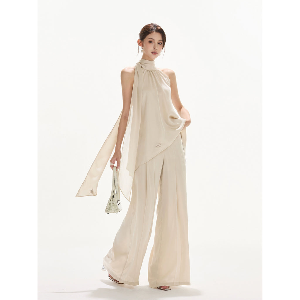 CHAMPANGE-VIT OLD MONEY TVÅDELAT SET BYXOR & TOPP