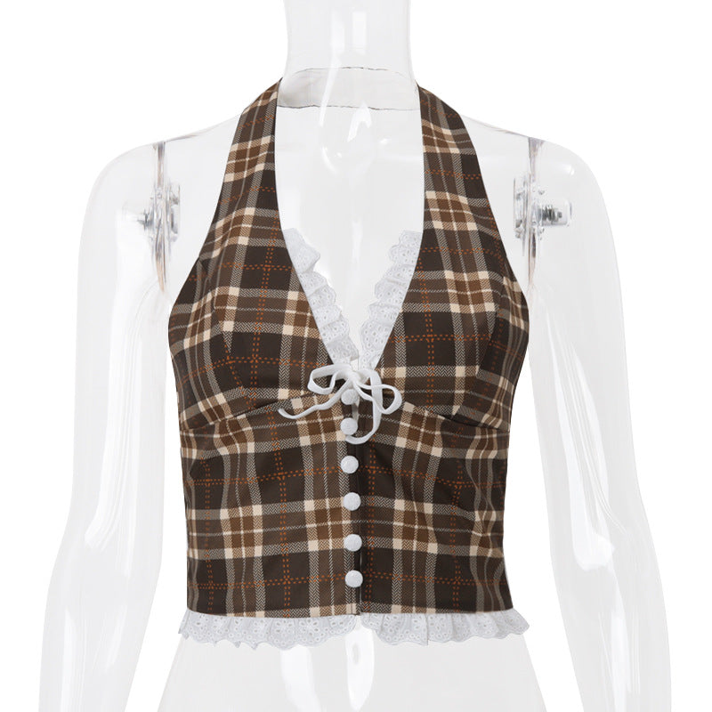 BRUN TARTAN-STIL TOPP MED SPETS