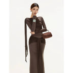 OMLOTT DRAPERAT BRUNT SET KJOL & TOPP