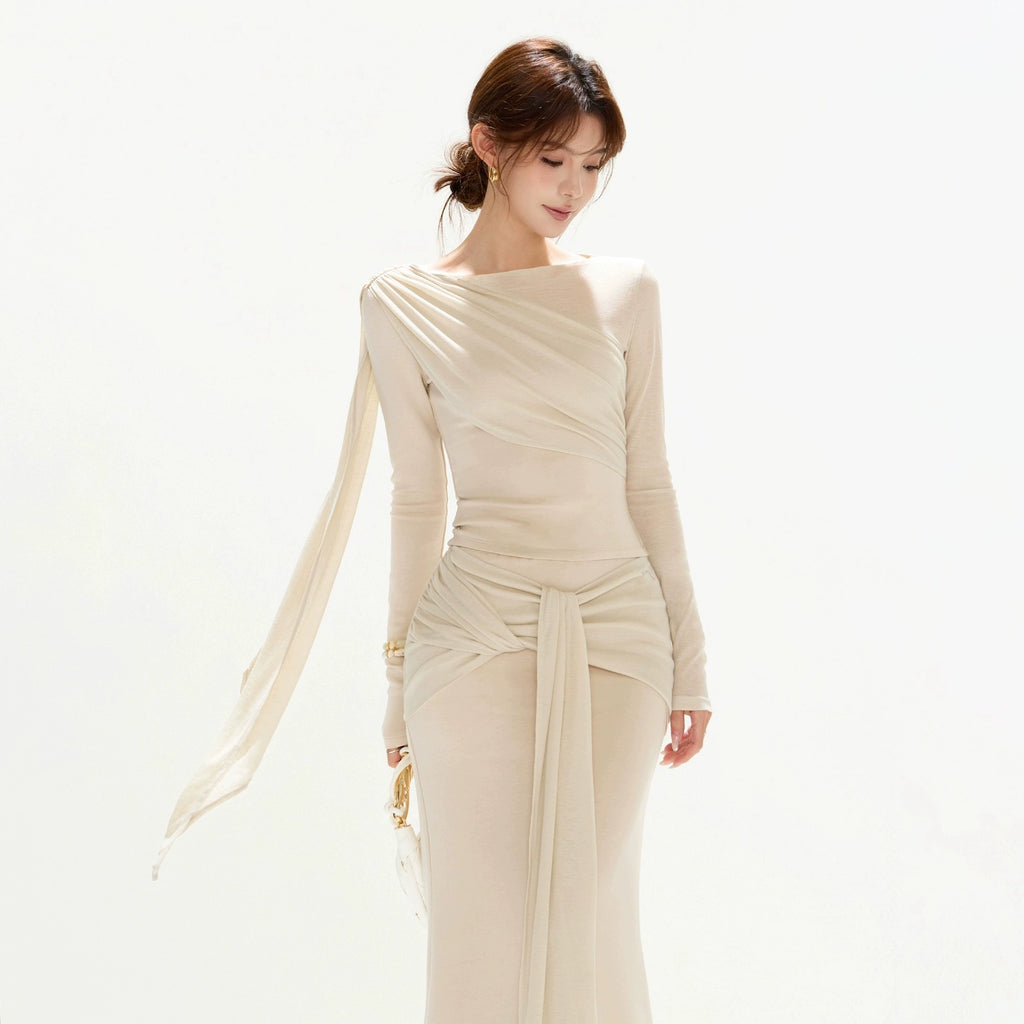 OMLOTT DRAPERAT BEIGE SET KJOL & TOPP