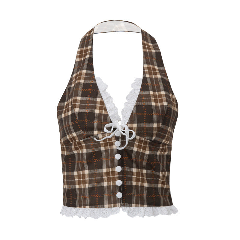 BRUN TARTAN-STIL TOPP MED SPETS