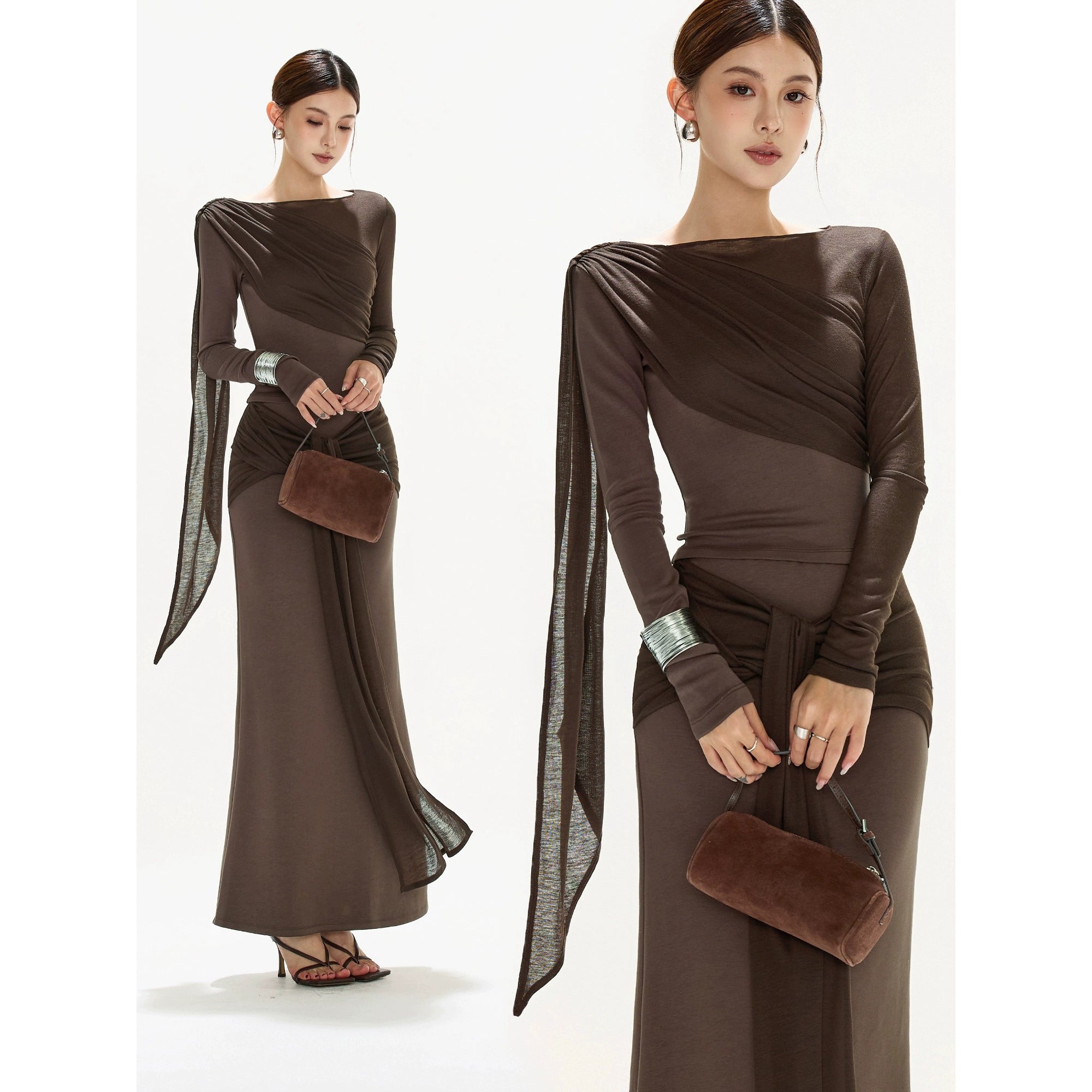 OMLOTT DRAPERAT BRUNT SET KJOL & TOPP