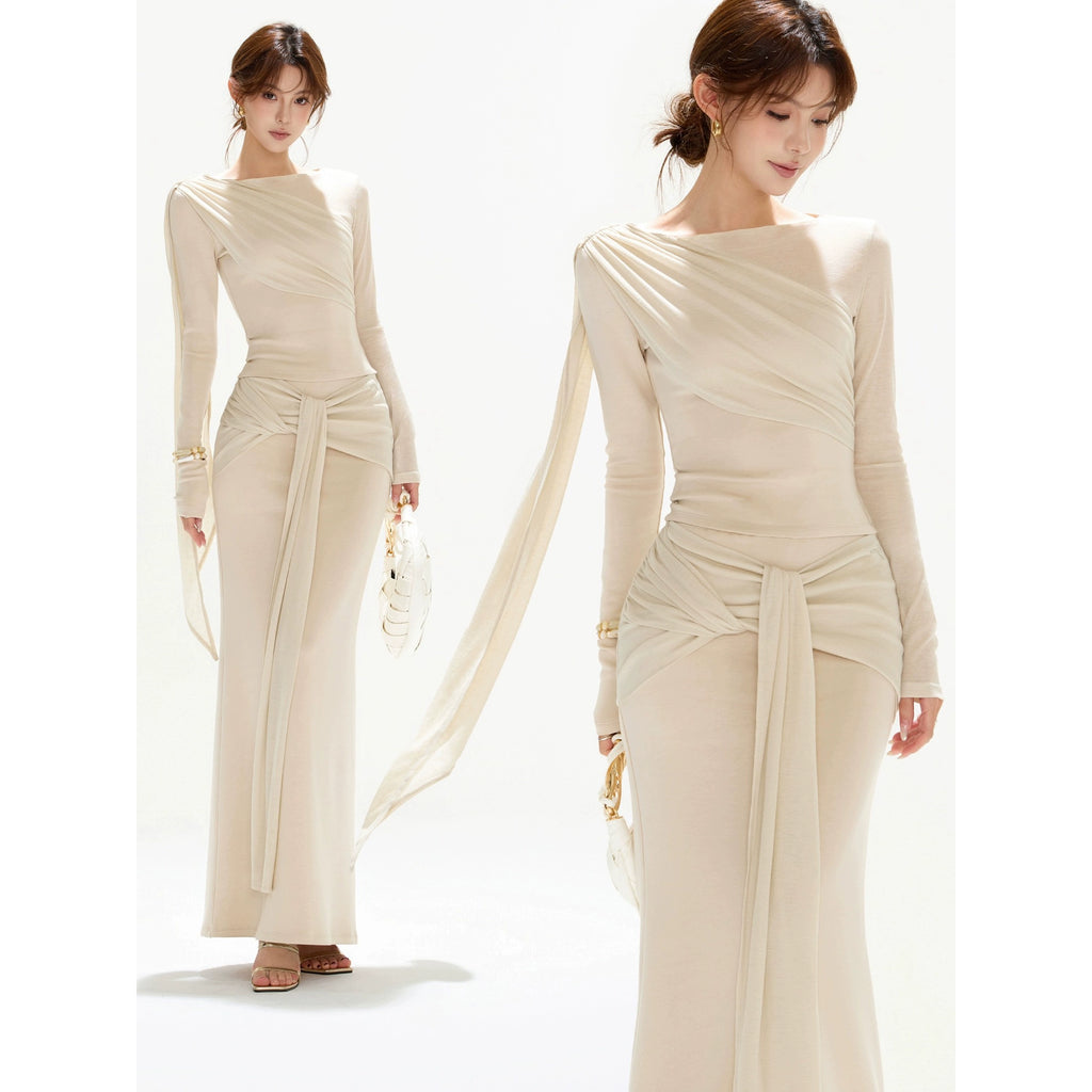 OMLOTT DRAPERAT BEIGE SET KJOL & TOPP