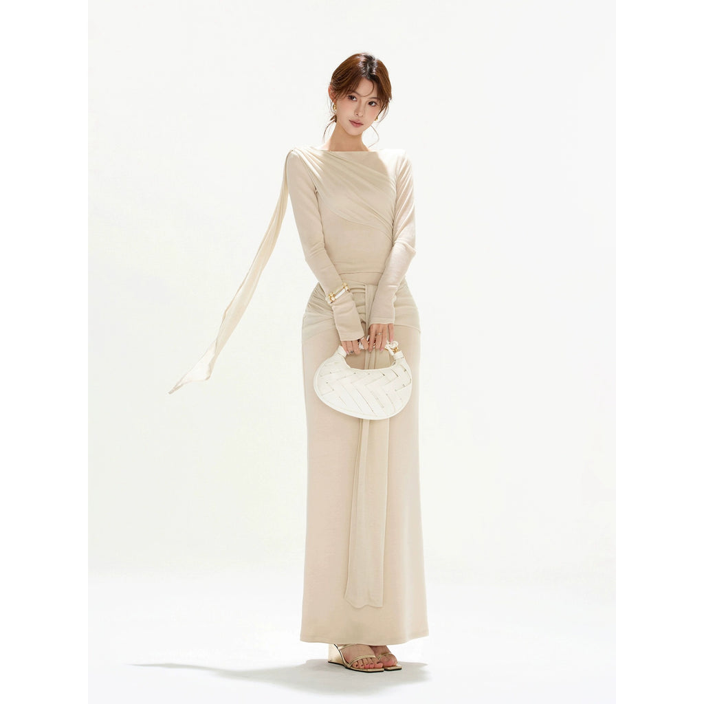 OMLOTT DRAPERAT BEIGE SET KJOL & TOPP