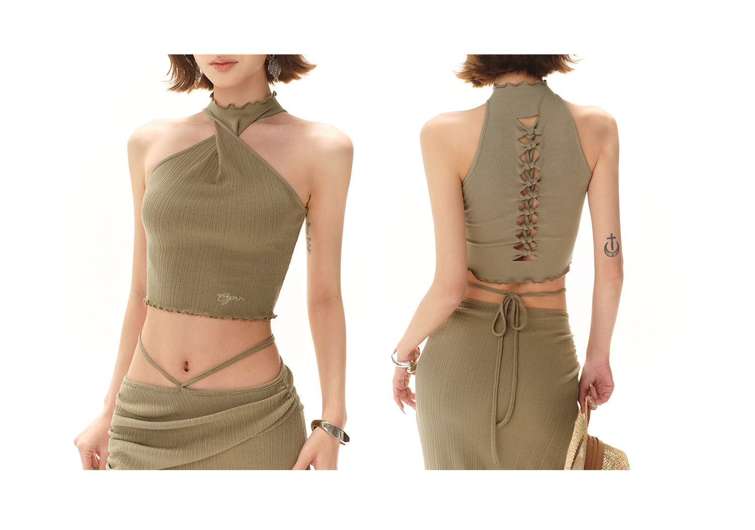 STRETCHIG DRAPERAD GRÖN TVÅDELAT SET KJOL & TOPP