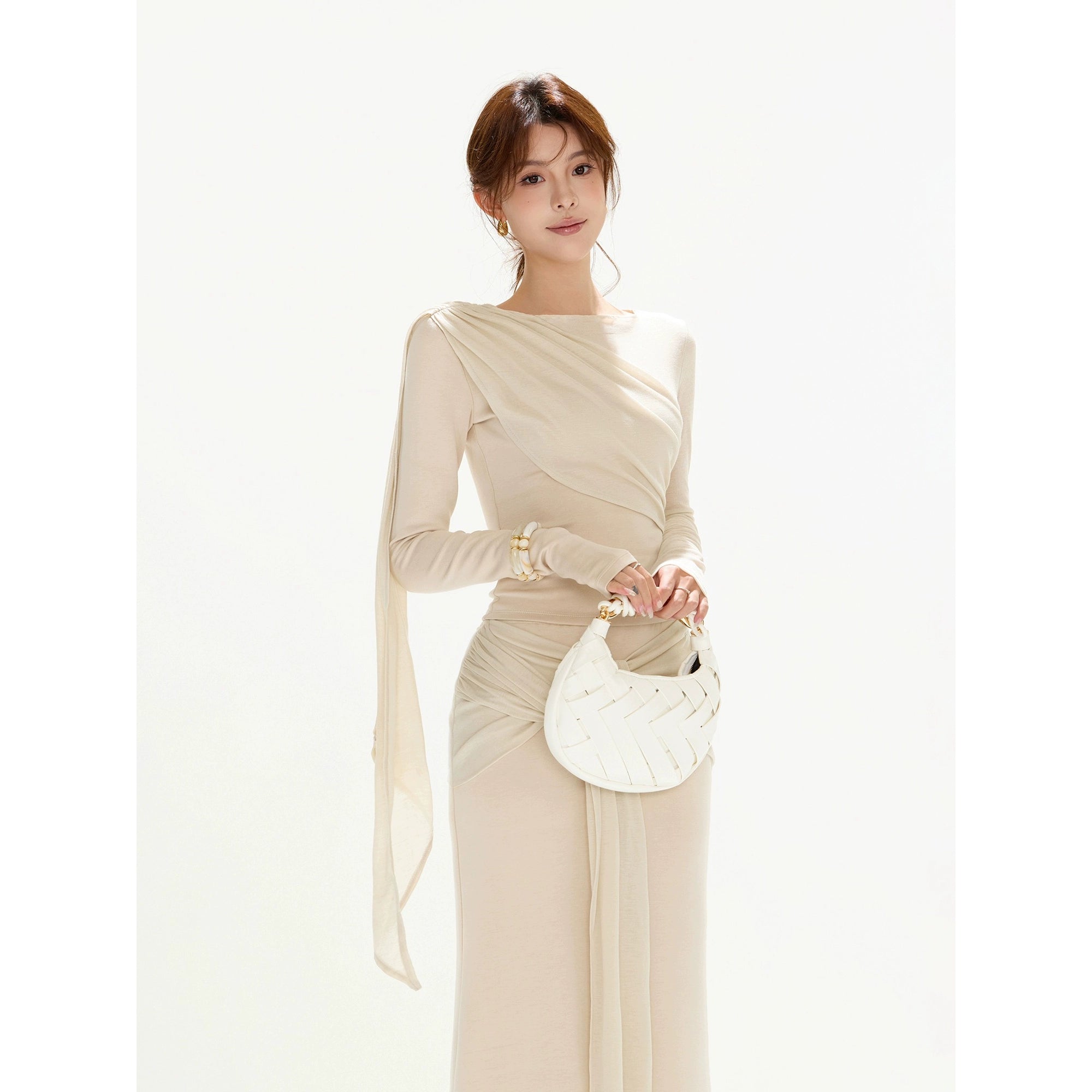 OMLOTT DRAPERAT BEIGE SET KJOL & TOPP