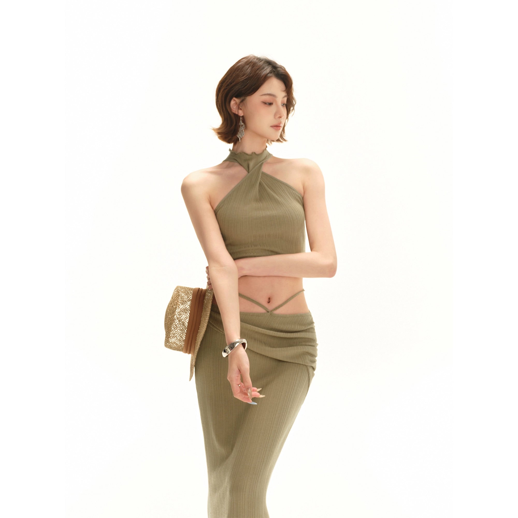 STRETCHIG DRAPERAD GRÖN TVÅDELAT SET KJOL & TOPP