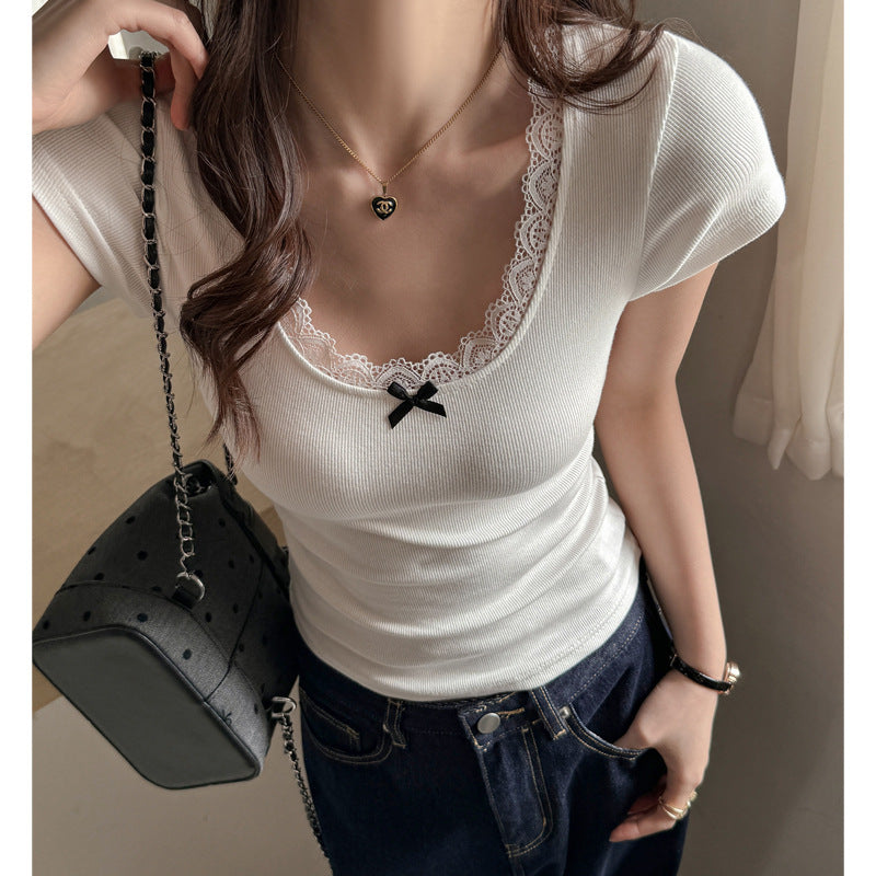 Carefully selected new pure desire hot girl style straight-shoulder short-sleeved T-shirt women's white slim slimming lace lace U-neck base layer