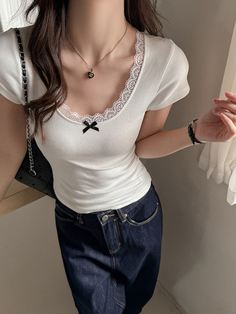 Carefully selected new pure desire hot girl style straight-shoulder short-sleeved T-shirt women's white slim slimming lace lace U-neck base layer