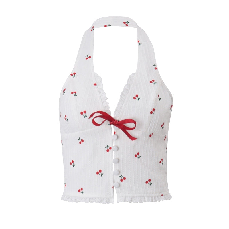 VIT TOPP MED KÖRSBÄRPRINT OCH SPETS