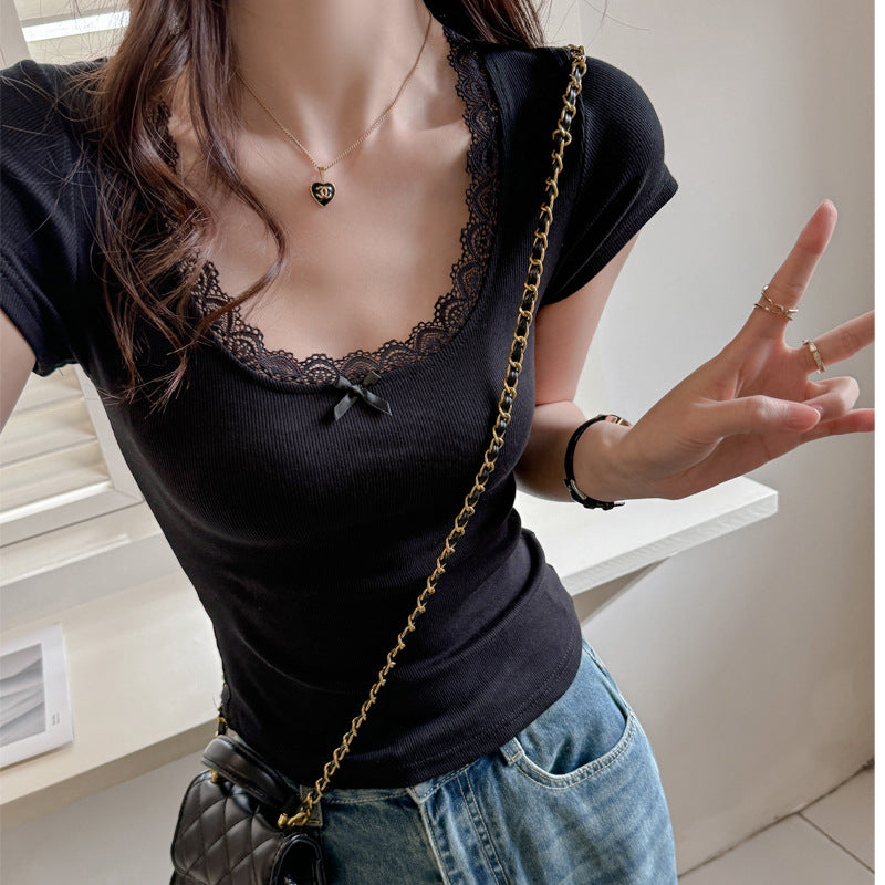 Carefully selected new pure desire hot girl style straight-shoulder short-sleeved T-shirt women's white slim slimming lace lace U-neck base layer